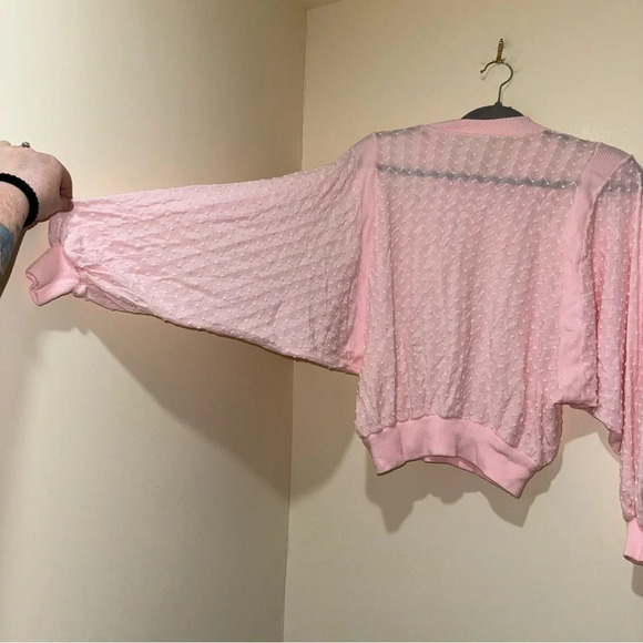 Women’s Vintage Retro Coquette  Singe Stitch Pink Eyelet Long Sleeve Sheer Top - Picture 12 of 14